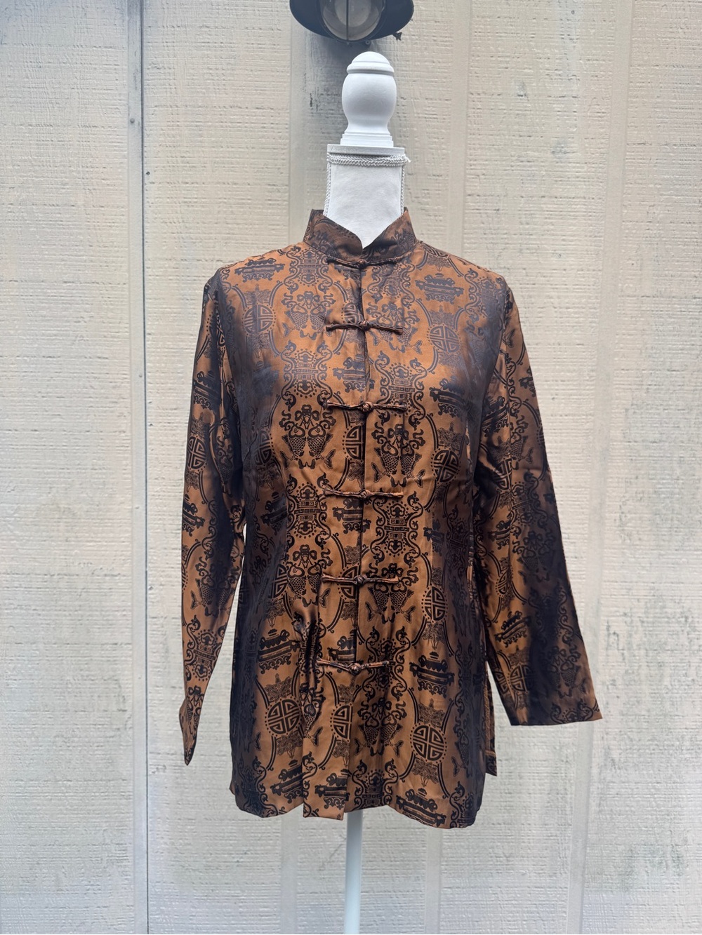 Y2K Asian-Inspired Silk Mandarin Collar Jacket in Bronze and Black